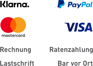 Zahlen Sie bei uns bequem mit: Klarna, PayPal, Mastercard, VISA, Rechnung, Ratenzahlung, Lastschrift oder einfach Bar vor Ort